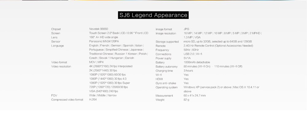 SJCAM SJ6 Legend Sports & Action Camera 4K/24FPS Waterproof, WiFi Remote Control 2.0'' LCD Touch Screen - Black 29 SJCAM SJ6 Legend Sports & Action Camera 4K/24FPS Waterproof, WiFi Remote Control 2.0'' LCD Touch Screen - Black