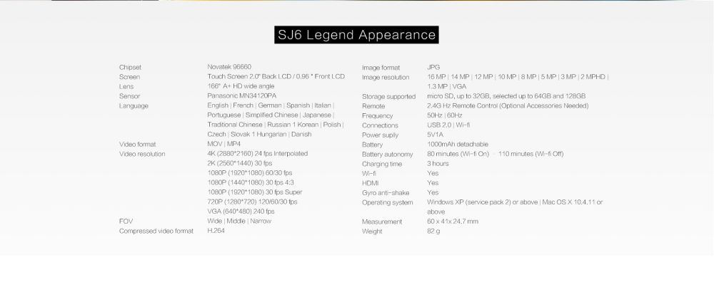 SJCAM SJ6 Legend Sports & Action Camera 4K/24FPS Waterproof, WiFi Remote Control 2.0'' LCD Touch Screen - Grey