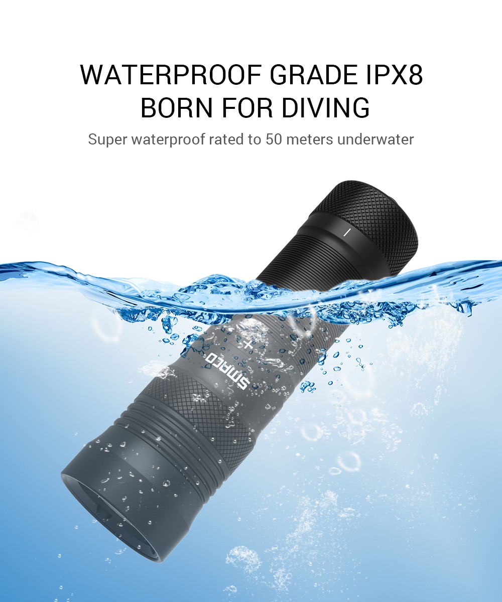 SMACO LED Flashlight IPX8 Waterproof for Diving Outdoor Activities - Black