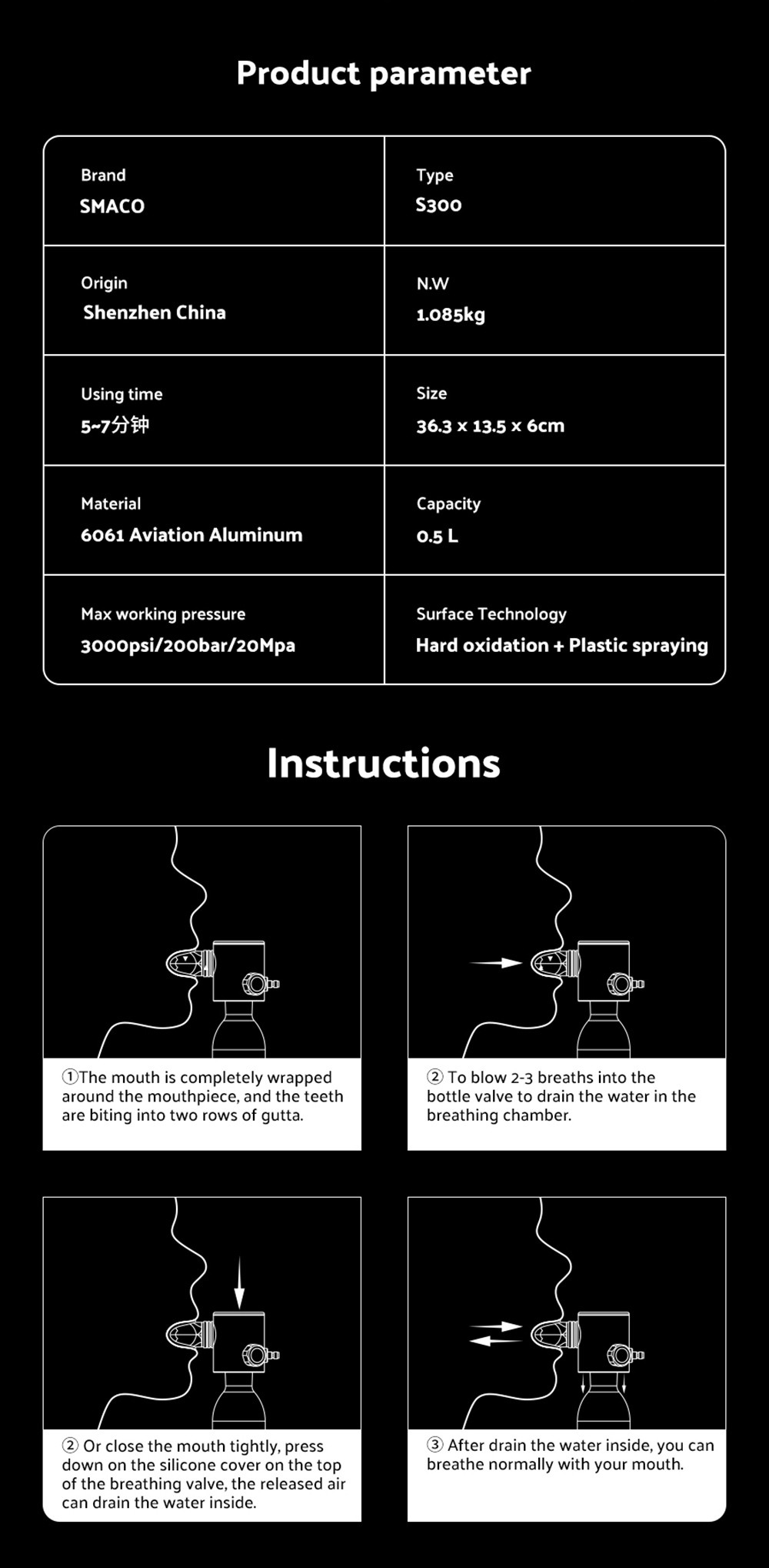 SMACO S300 0.5L Mini Scuba Diving Tank 5-7 Minutes Using Time with Hand Pump - Green