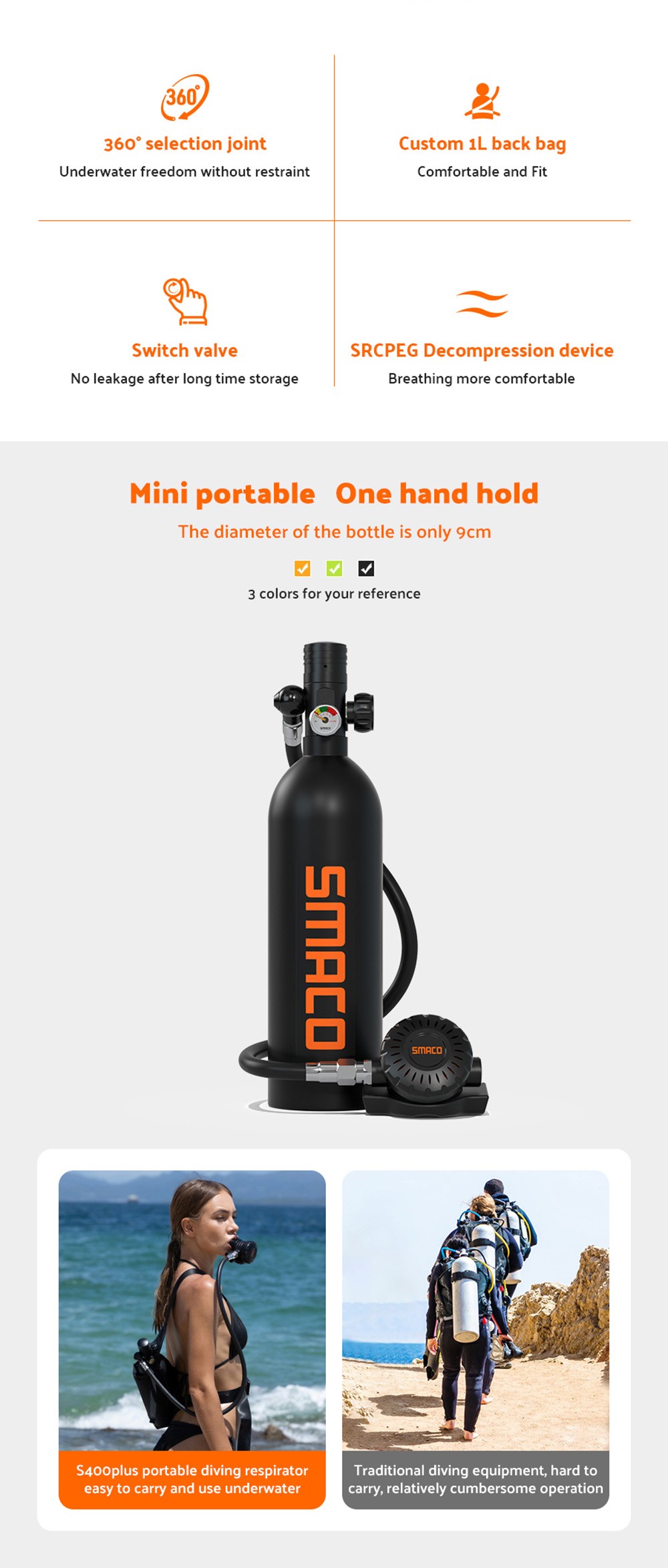 SMACO S400 Plus 1L Mini Scuba Diving Tank for 15-20 Minutes Using Time Lightweight and Portable Diving Set - Black