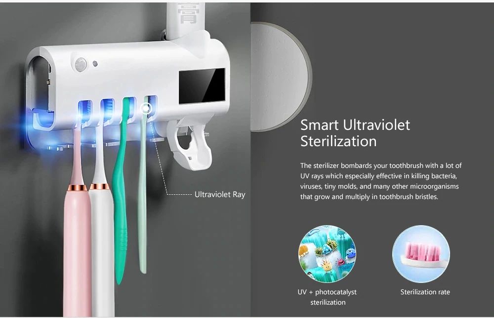 Smart UV Toothpaste Squeezer PIR Induction Electric Toothbrush Sterilizer Toothbrush Sterilization Holder - White