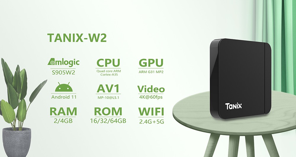 TANIX W2 TV BOX Android 11 Amlogic S905W2 Quad Core ARM Cortex A53 2G DDR4 RAM 16GB ROM 2.4G+5G WiFi BT 4K - AU Plug