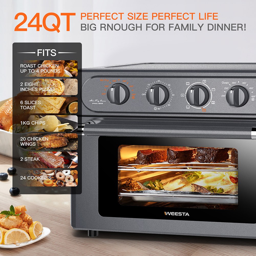WEESTA 7-in-1 Air Fryer Toaster Oven Combo, 24QT Large Air Fryer with Accessories & E-Recipes - Grey