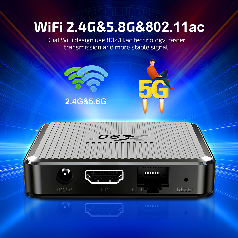 X98Q TV BOX Android 11 Amlogic S905W2 Quad Core ARM Cortex A53 1G RAM 8GB ROM 2.4G+5G WiFi 4K AV1 - EU Plug