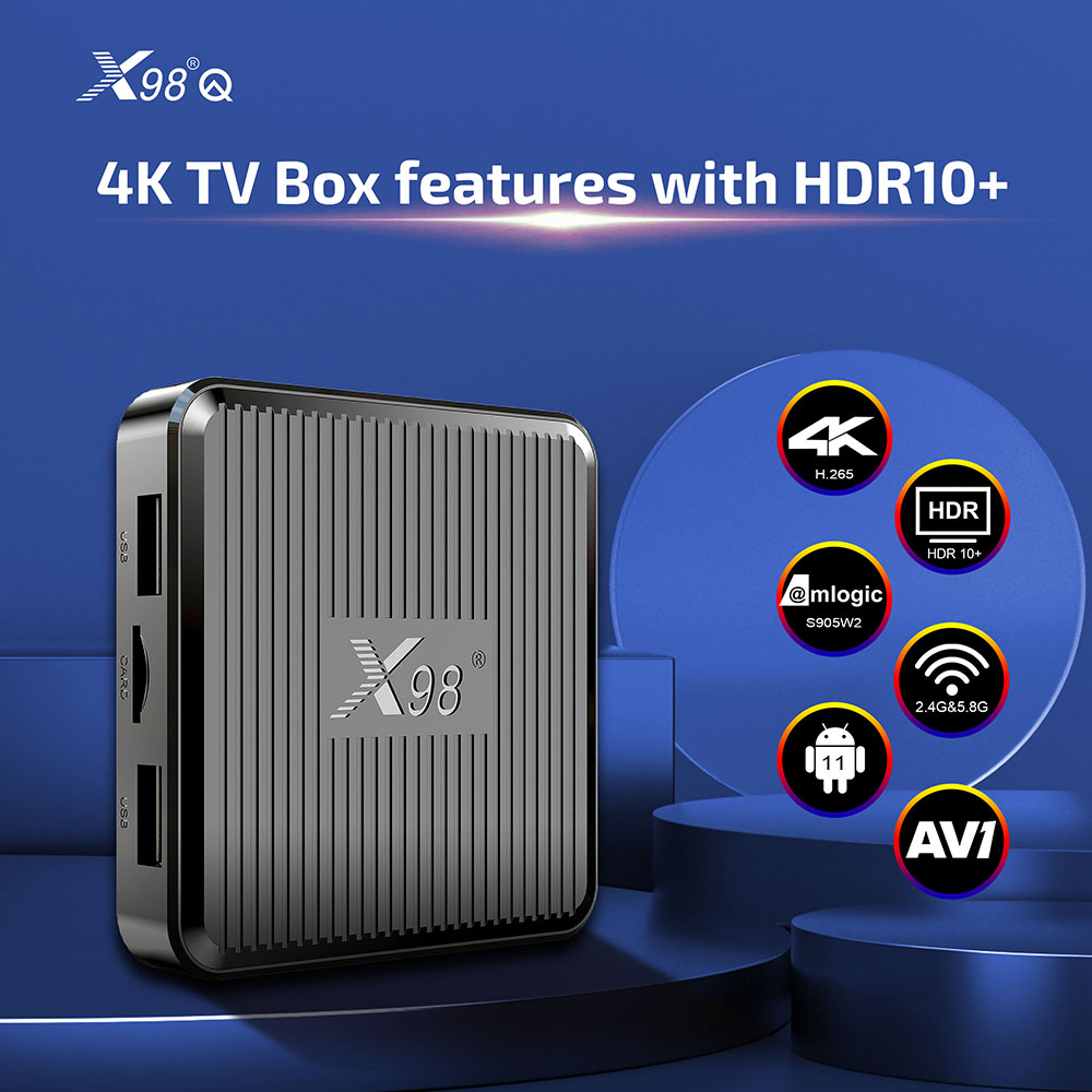 X98Q TV BOX Android 11 Amlogic S905W2 Quad Core ARM Cortex A53 1G RAM 8GB ROM 2.4G+5G WiFi 4K AV1 - US Plug