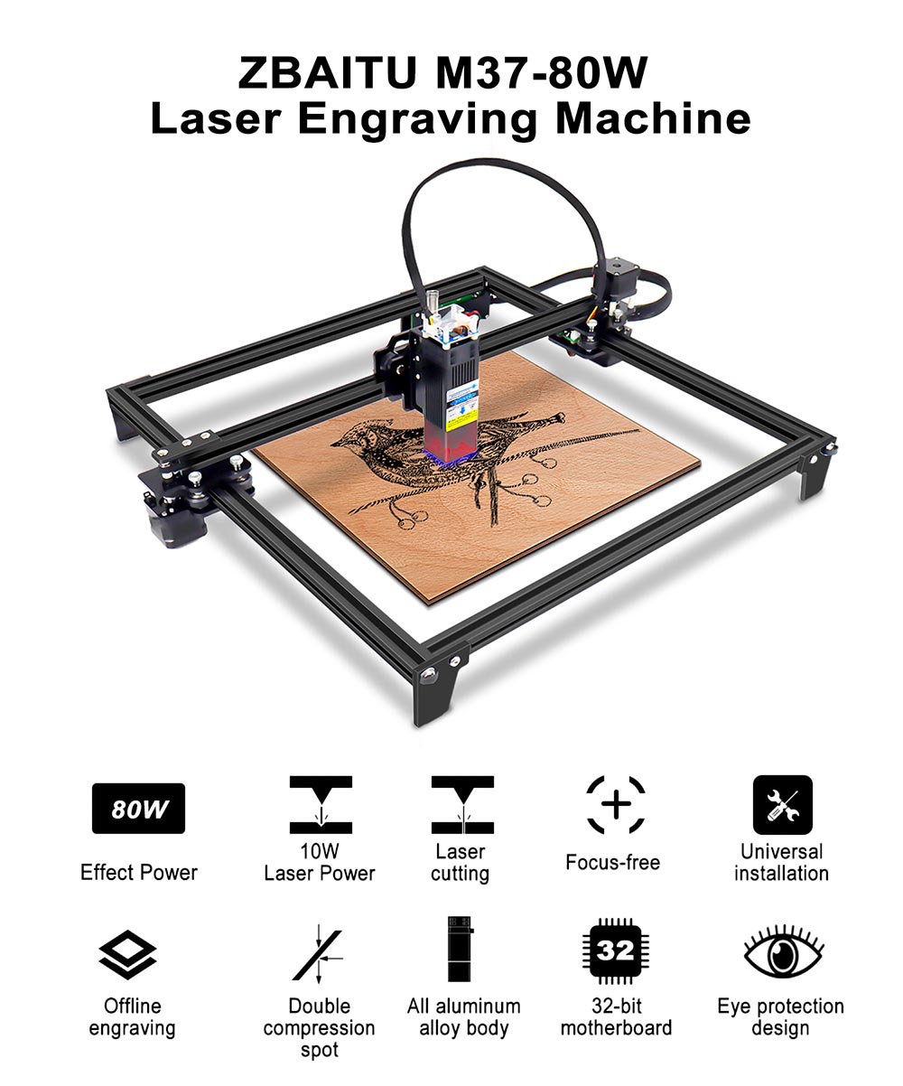 Découpeuse de gravure laser ZBAITU M37 FF80 10W CNC avec carte mère 32 bits,  contrôle hors ligne WIFI,  sculpture de portrait