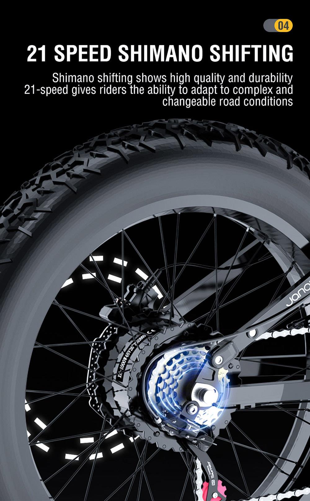 JANOBIKE H26 Electric Bicycle 48V 1000W Motor 12.8Ah Battery 26 Inch Fat Tire Snow, Mountain, City Bike - Black