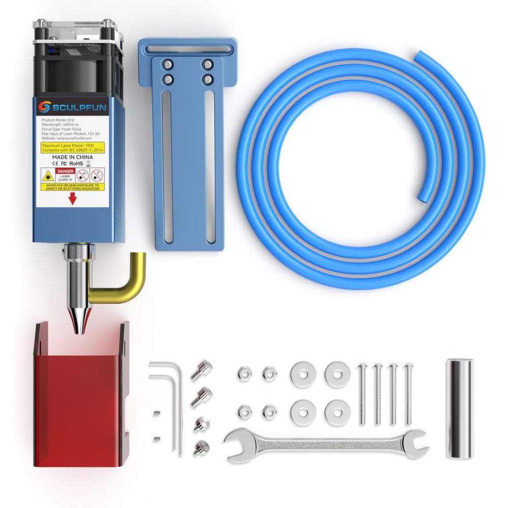 SCULPFUN S10 10-W-Lasermodul-Set mit festem Fokuskopf für Lasergravierer und -schneider mit 0,08 mm ultrafeinem komprimiertem Punkt