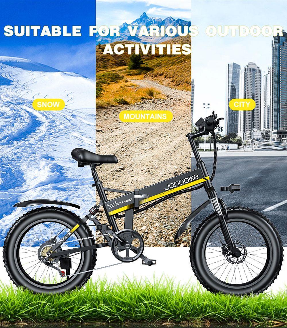 JANOBIKE H20 Electric Bicycle 48V 1000W Motor 9.6Ah Battery 20*4 Inch Tire Snow, Mountain, City Bike - Black