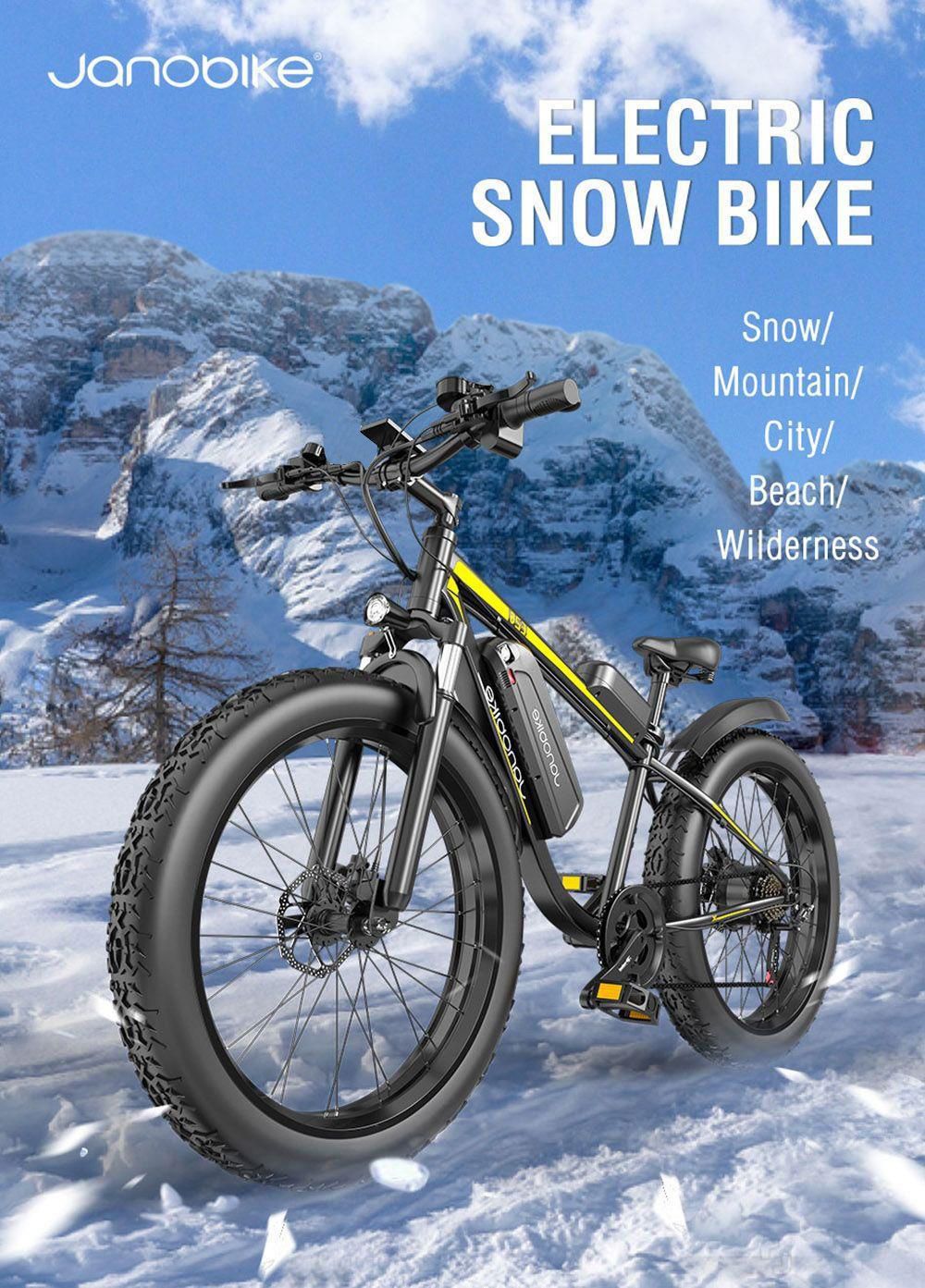 JANOBIKE E26 Electric Bicycle 48V 1000W Motor 16Ah Battery 26 Inch Tire Snow, Mountain, City Bike - Black