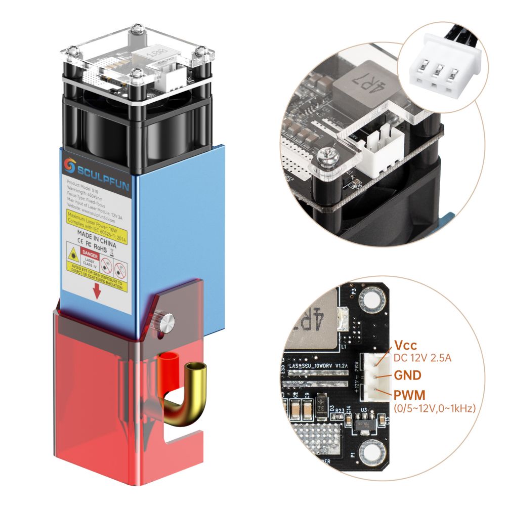 SCULPFUN S10 10-W-Lasermodul-Set mit festem Fokuskopf für Lasergravierer und -schneider mit 0,08 mm ultrafeinem komprimiertem Punkt