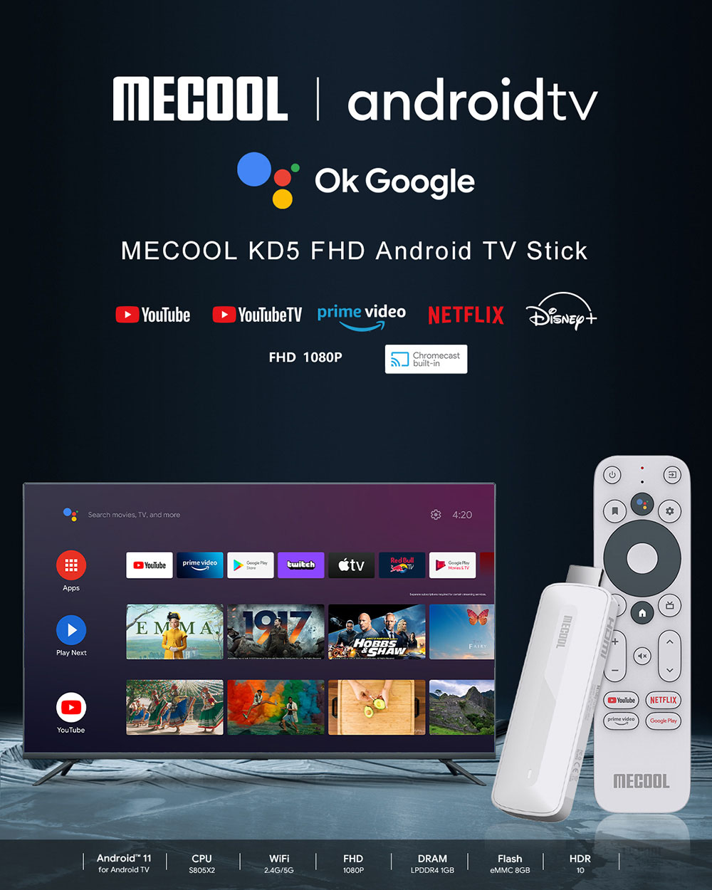 MECOOL KD5 FHD TV Stick Amlogic S805X2 15000 DMIPS Android 11 1GB LPDDR4 + 8GB EMMC WiFi5 Dual Band and BT 5.0 EU Plug