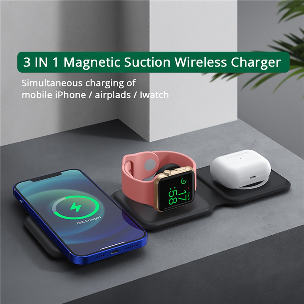 15W Portable 3-in-1 Magnetic Wireless Charger, Silicone Foldable Fast Charging Stand Base for iPhone 12/13 - Black