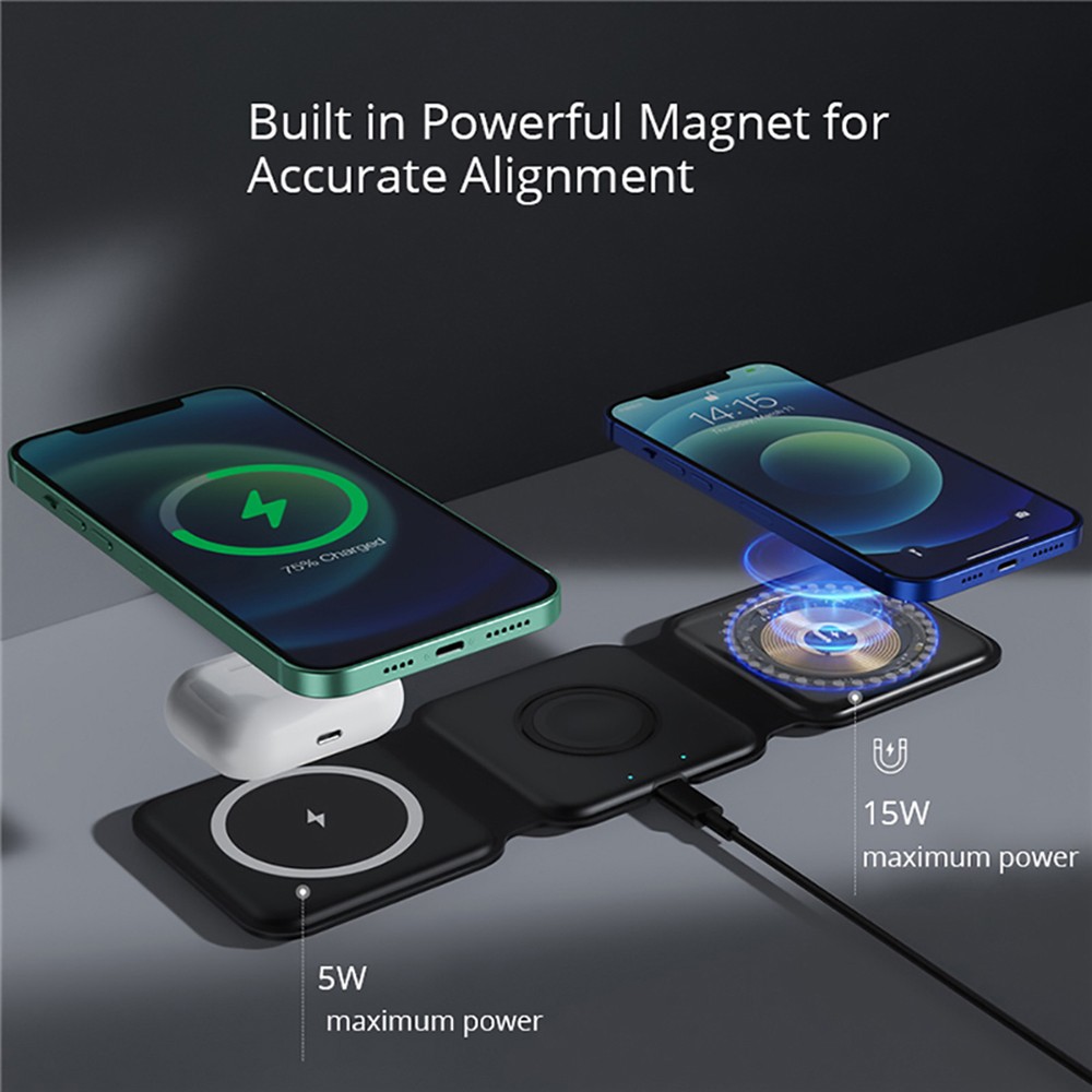 15W Portable 3-in-1 Magnetic Wireless Charger, Silicone Foldable Fast Charging Stand Base for iPhone 12/13 - Black