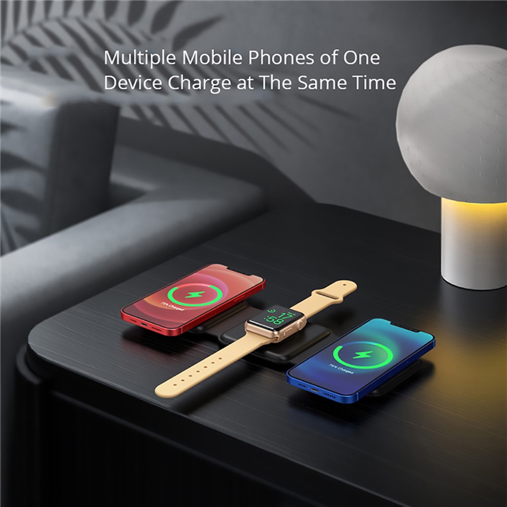 15W Portable 3-in-1 Magnetic Wireless Charger, Silicone Foldable Fast Charging Stand Base for iPhone 12/13 - Black
