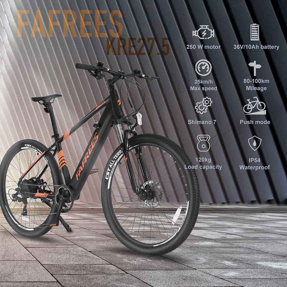 FAFREES 27.5-S Inch Electric Bike 250W with 36V 10Ah Lithium-ion Battery Shimano 7 Speed Gears - Black Orange 9 FAFREES 27.5-S Inch Electric Bike 250W with 36V 10Ah Lithium-ion Battery Shimano 7 Speed Gears - Black Orange