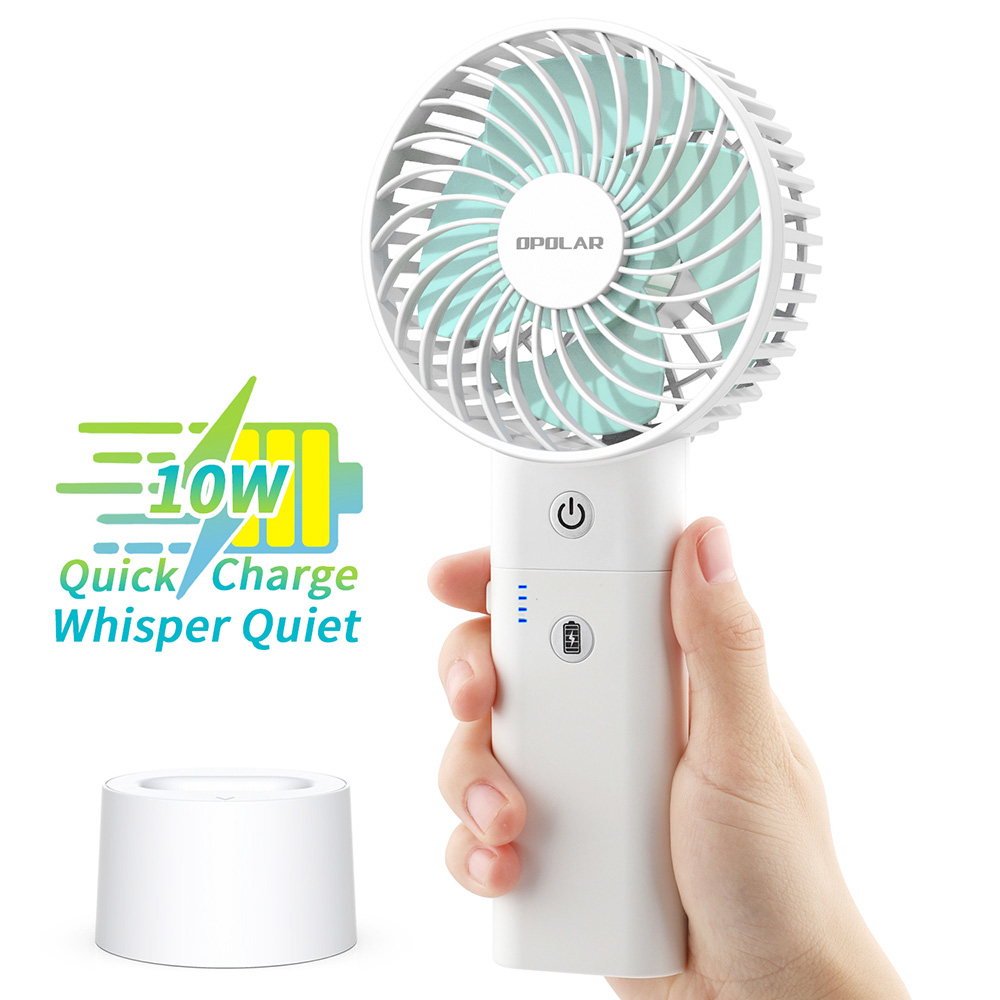 5000mAh Portable Handheld Fan, 10W Quick Charging Fan with Power Bank and Base, 3800rpm 3 Levels Strong Wind - White