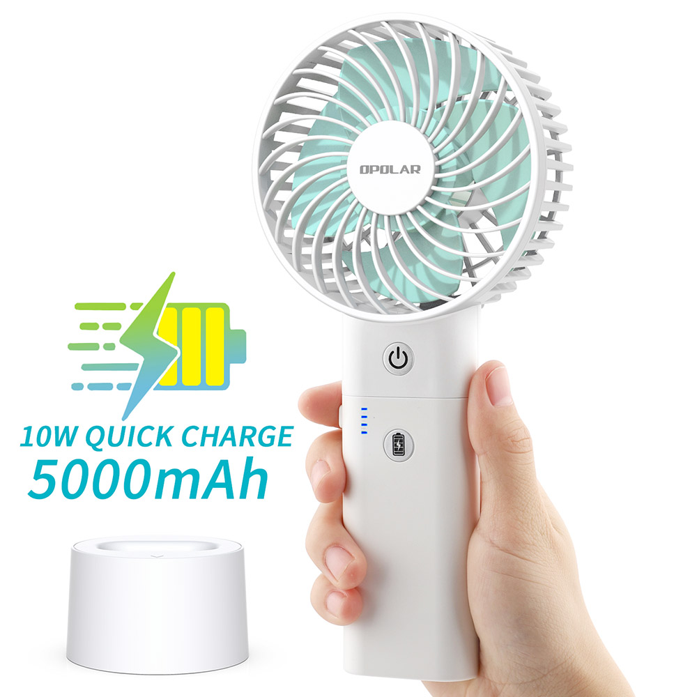 5000mAh Portable Handheld Fan, 10W Quick Charging Fan with Power Bank and Base, 3800rpm 3 Levels Strong Wind - White