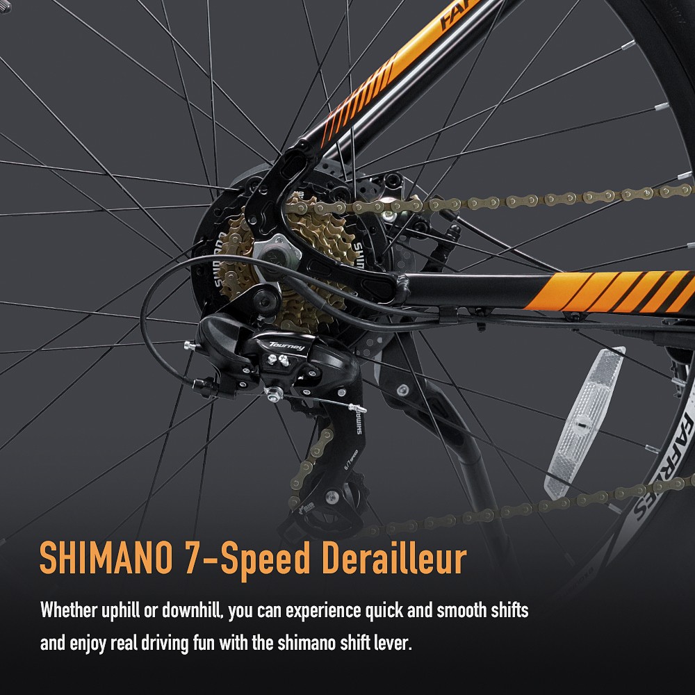 FAFREES 27.5-S Inch Electric Bike 250W with 36V 10Ah Lithium-ion Battery Shimano 7 Speed Gears - Black Orange 10 FAFREES 27.5-S Inch Electric Bike 250W with 36V 10Ah Lithium-ion Battery Shimano 7 Speed Gears - Black Orange