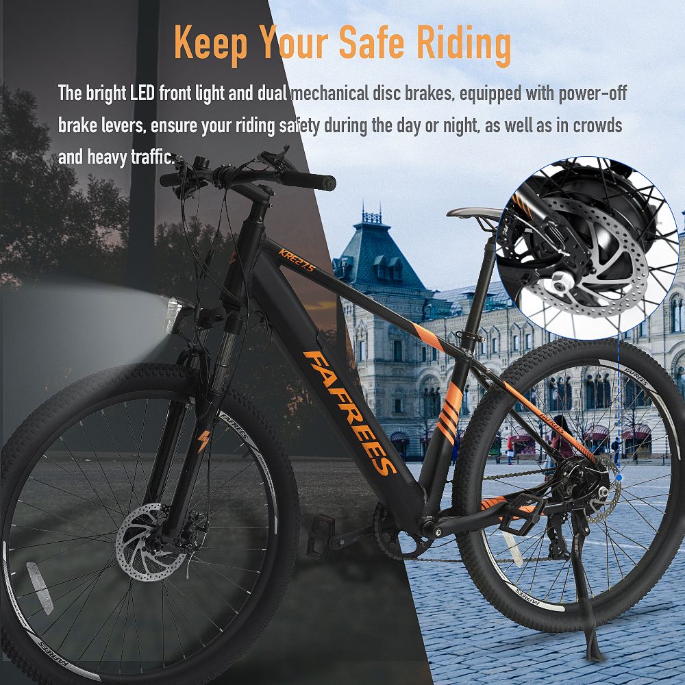 FAFREES 27.5-S Inch Electric Bike 250W with 36V 10Ah Lithium-ion Battery Shimano 7 Speed Gears - Black Orange 15 FAFREES 27.5-S Inch Electric Bike 250W with 36V 10Ah Lithium-ion Battery Shimano 7 Speed Gears - Black Orange