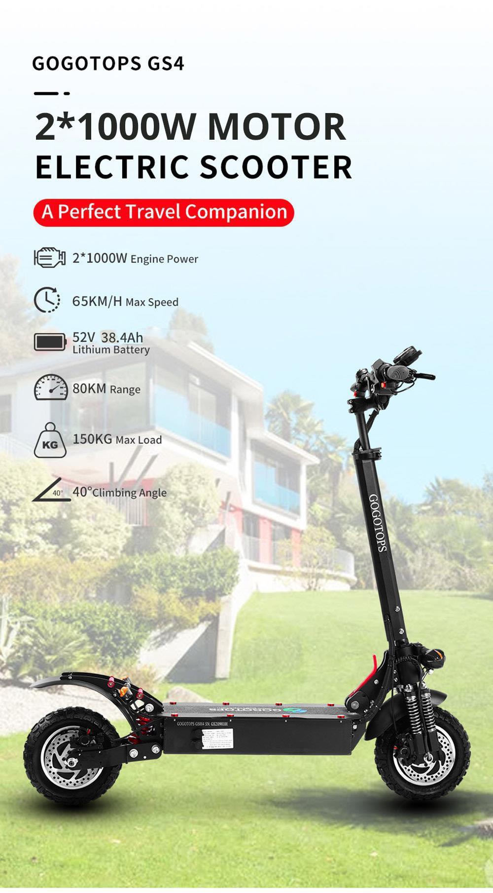 Gogotops GS4 Off Road Electric Scooter 10 Inch 1000W*2 Dual Motor 52V 38.4Ah Battery 80km Range 65km/h Max Speed 150kg Load