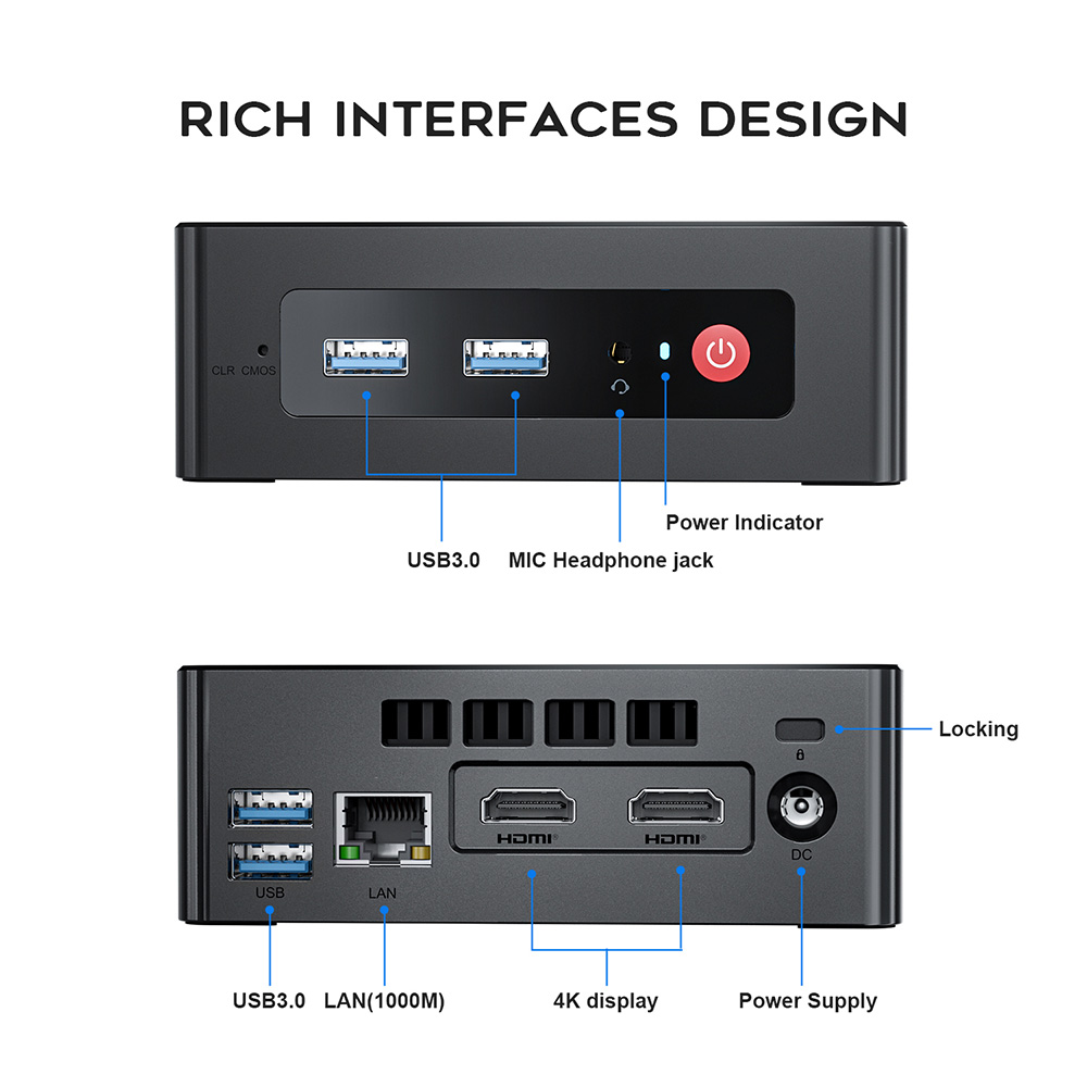 Beelink MINI S Mini PC Intel Jasper Lake N5095 8GB RAM/256GB SSD 2.4G+5G WiFi Bluetooth 1000Mbps LAN 2xHDMI - EU Adapter