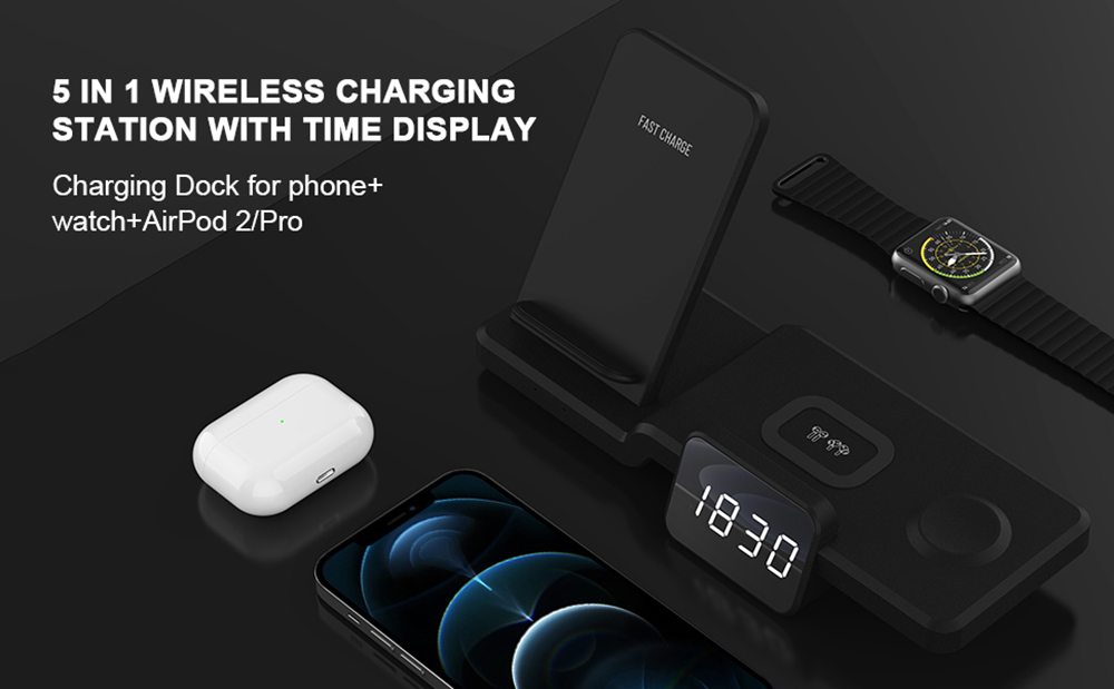 C100 Multifunctional 3-in-1 15W Wireless Charger with Clock, Fast Charge Cradle Charger Stand, Desktop Wireless Charging