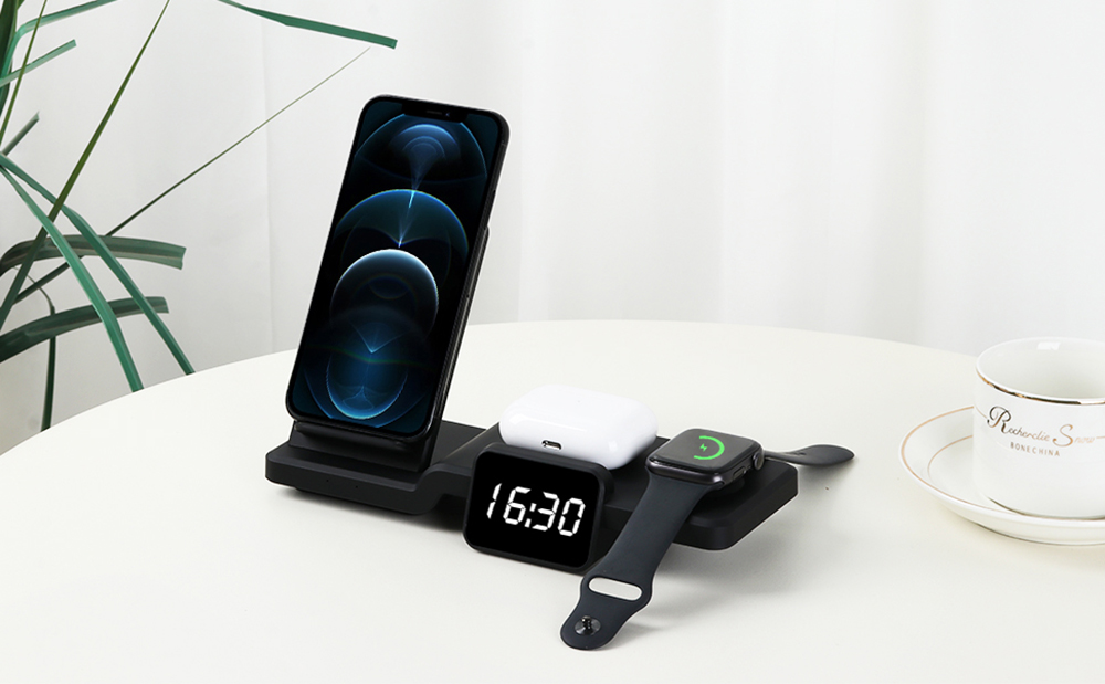 C100 Multifunctional 3-in-1 15W Wireless Charger with Clock, Fast Charge Cradle Charger Stand, Desktop Wireless Charging