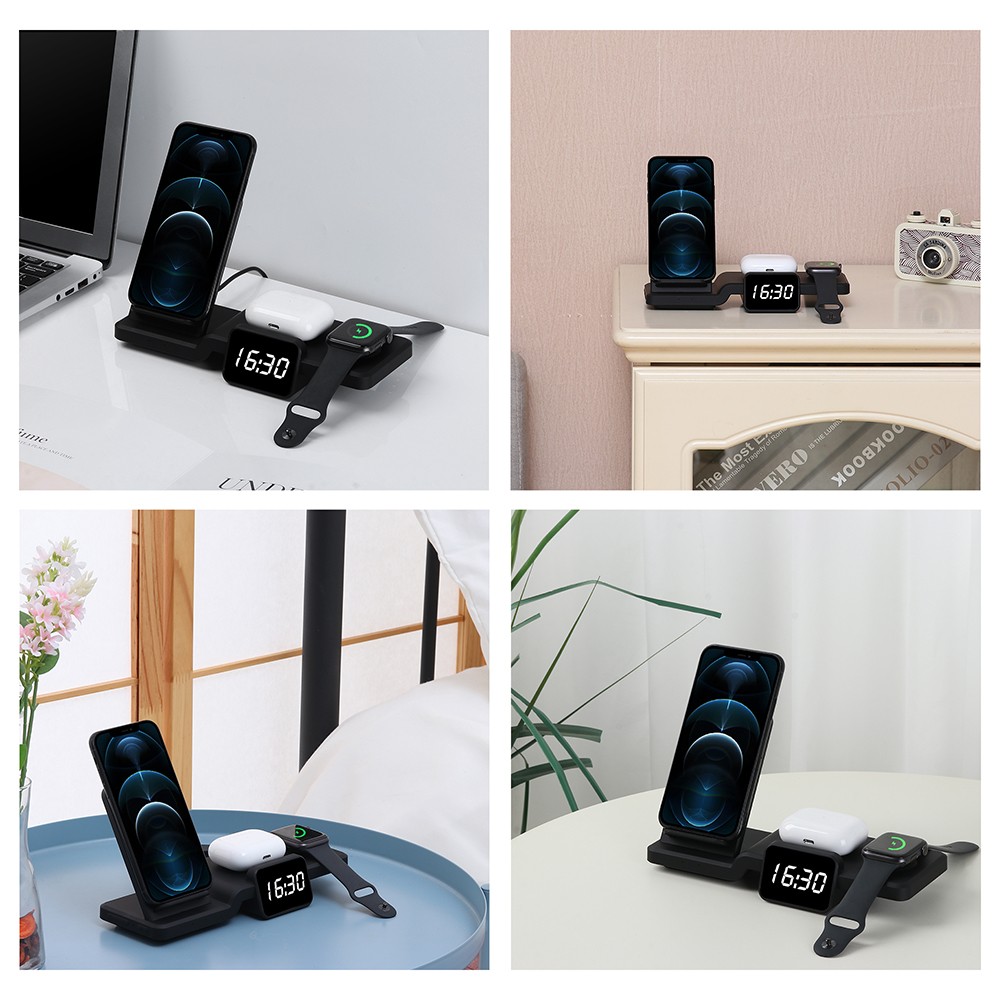 C100 Multifunctional 3-in-1 15W Wireless Charger with Clock, Fast Charge Cradle Charger Stand, Desktop Wireless Charging