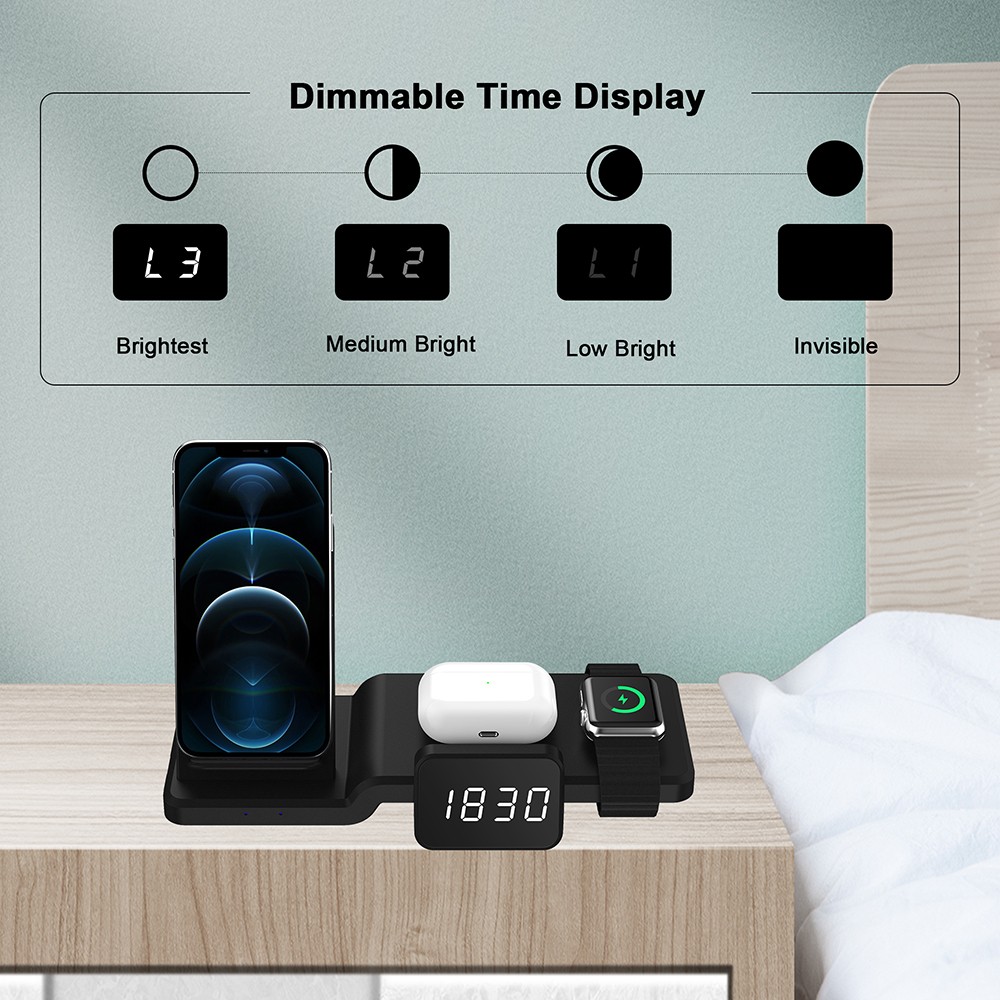 C100 Multifunctional 3-in-1 15W Wireless Charger with Clock, Fast Charge Cradle Charger Stand, Desktop Wireless Charging