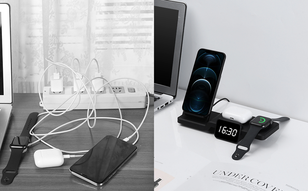 C100 Multifunctional 3-in-1 15W Wireless Charger with Clock, Fast Charge Cradle Charger Stand, Desktop Wireless Charging