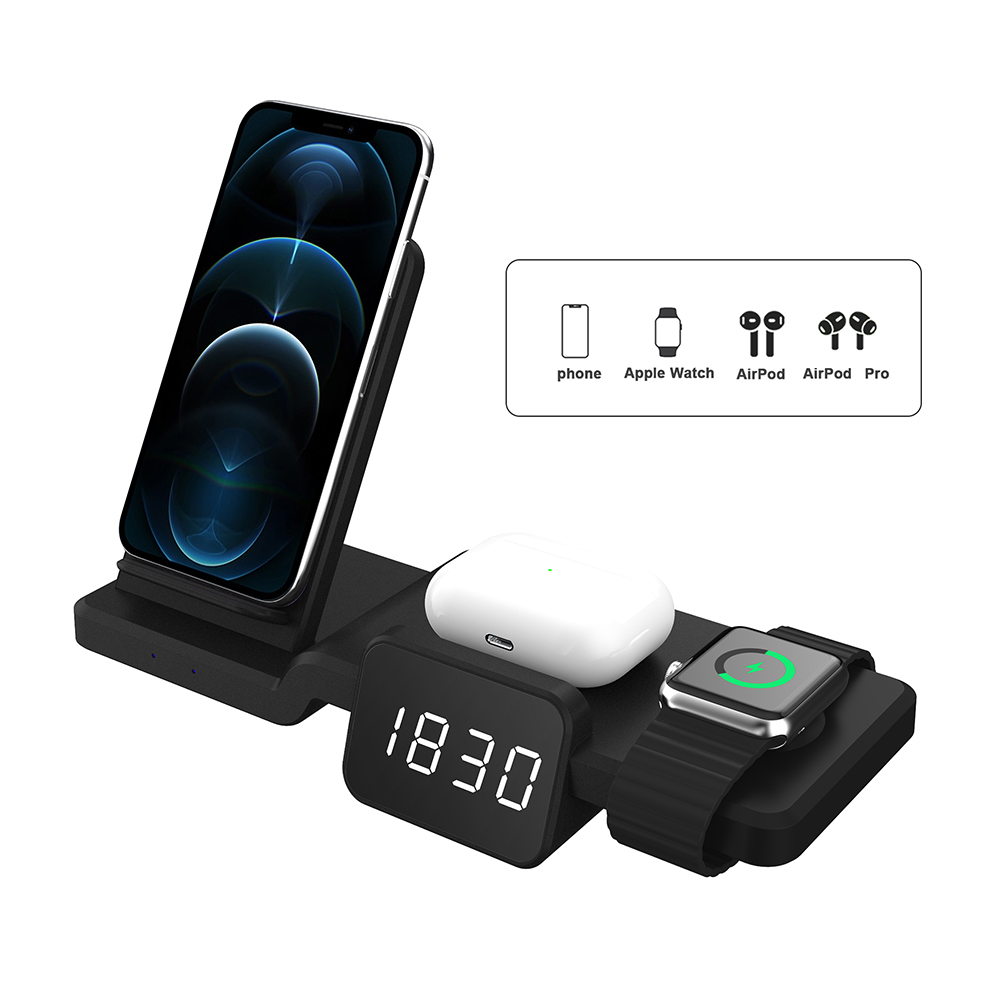 C100 Multifunctional 3-in-1 15W Wireless Charger with Clock, Fast Charge Cradle Charger Stand, Desktop Wireless Charging