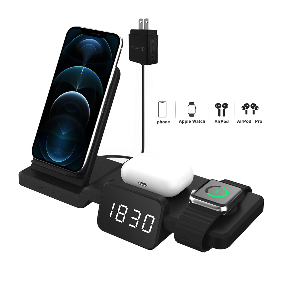 C100 Multifunctional 3-in-1 15W Wireless Charger with Clock, Fast Charge Cradle Charger Stand, Desktop Wireless Charging