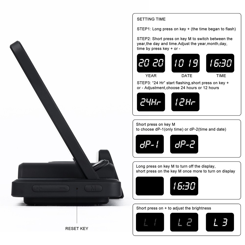 C100 Multifunctional 3-in-1 15W Wireless Charger with Clock, Fast Charge Cradle Charger Stand, Desktop Wireless Charging