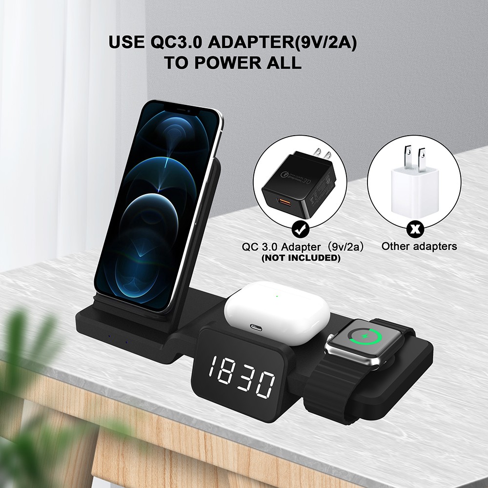 C100 Multifunctional 3-in-1 15W Wireless Charger with Clock, Fast Charge Cradle Charger Stand, Desktop Wireless Charging