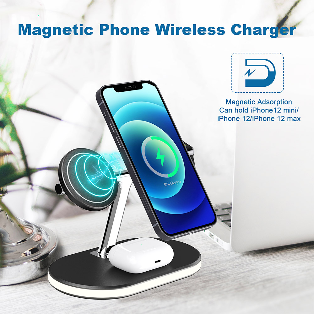 C300 3-in-1 15W Magnetic Wireless Charger with Night Light, Fast Charging Base Stand for Apple Phone Watch Series