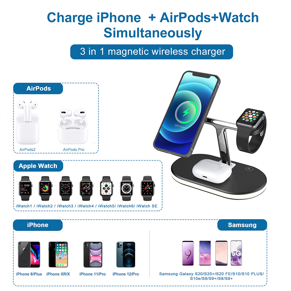 C300 3-in-1 15W Magnetic Wireless Charger with Night Light, Fast Charging Base Stand for Apple Phone Watch Series