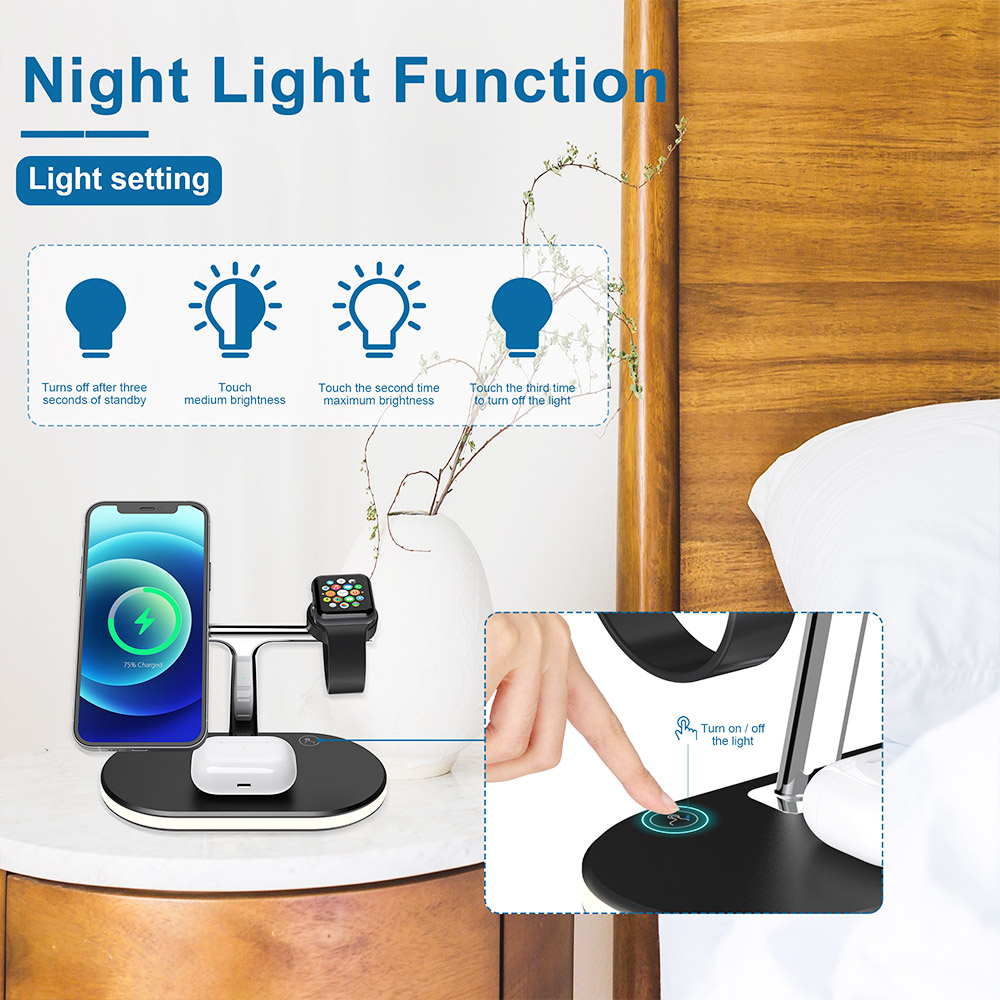 C300 3-in-1 15W Magnetic Wireless Charger with Night Light, Fast Charging Base Stand for Apple Phone Watch Series