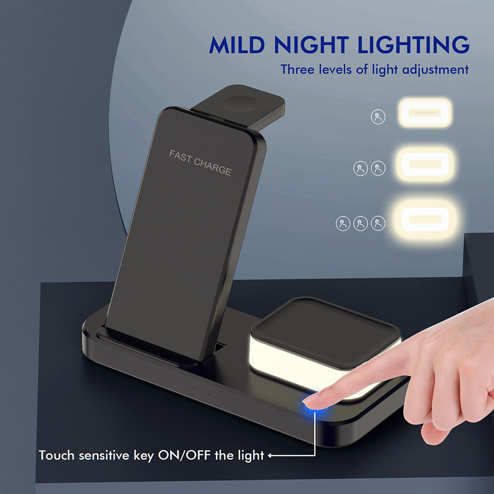 C500 Foldable 3-in1 Wireless Charger with 3-Level Adjustable Night Light, 9V 2A USB QC3.0 Charging for Apple - Black
