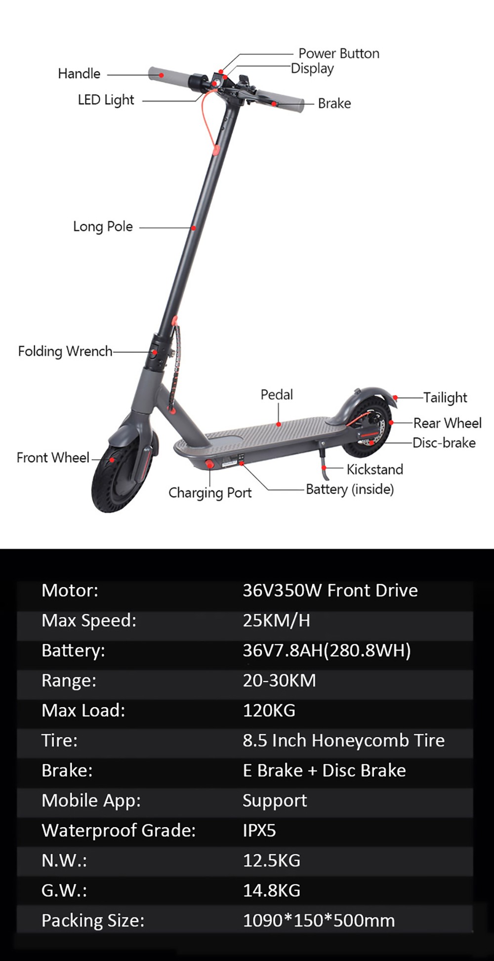 CMSBIKE D8 Pro Electric Scooter 8.5'' Tires Grey