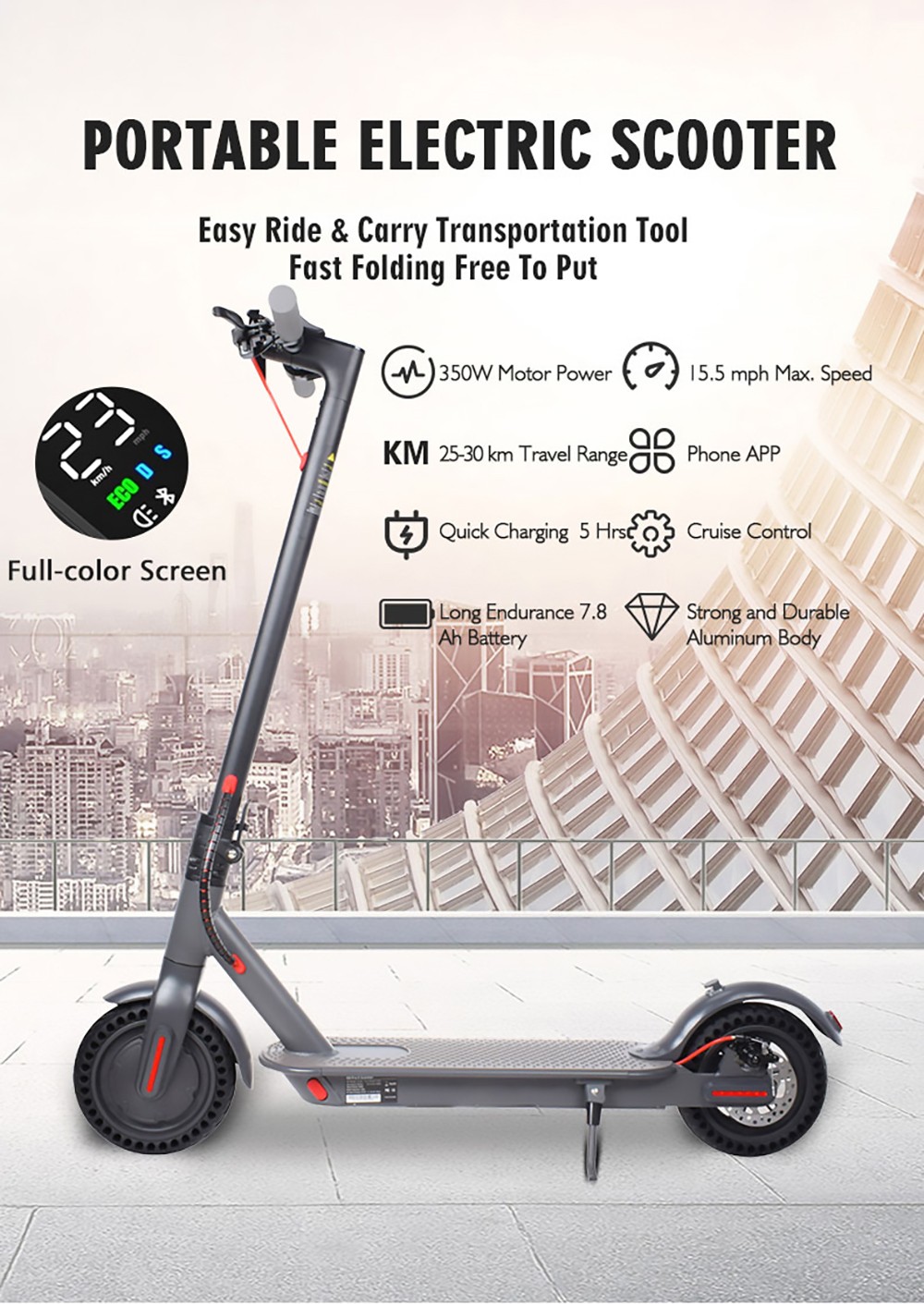 CMSBIKE D8 Pro Electric Scooter 8.5'' Honeycomb Tires 350W Motor 36V 7.8Ah Battery Max Speed 25km/h - Grey