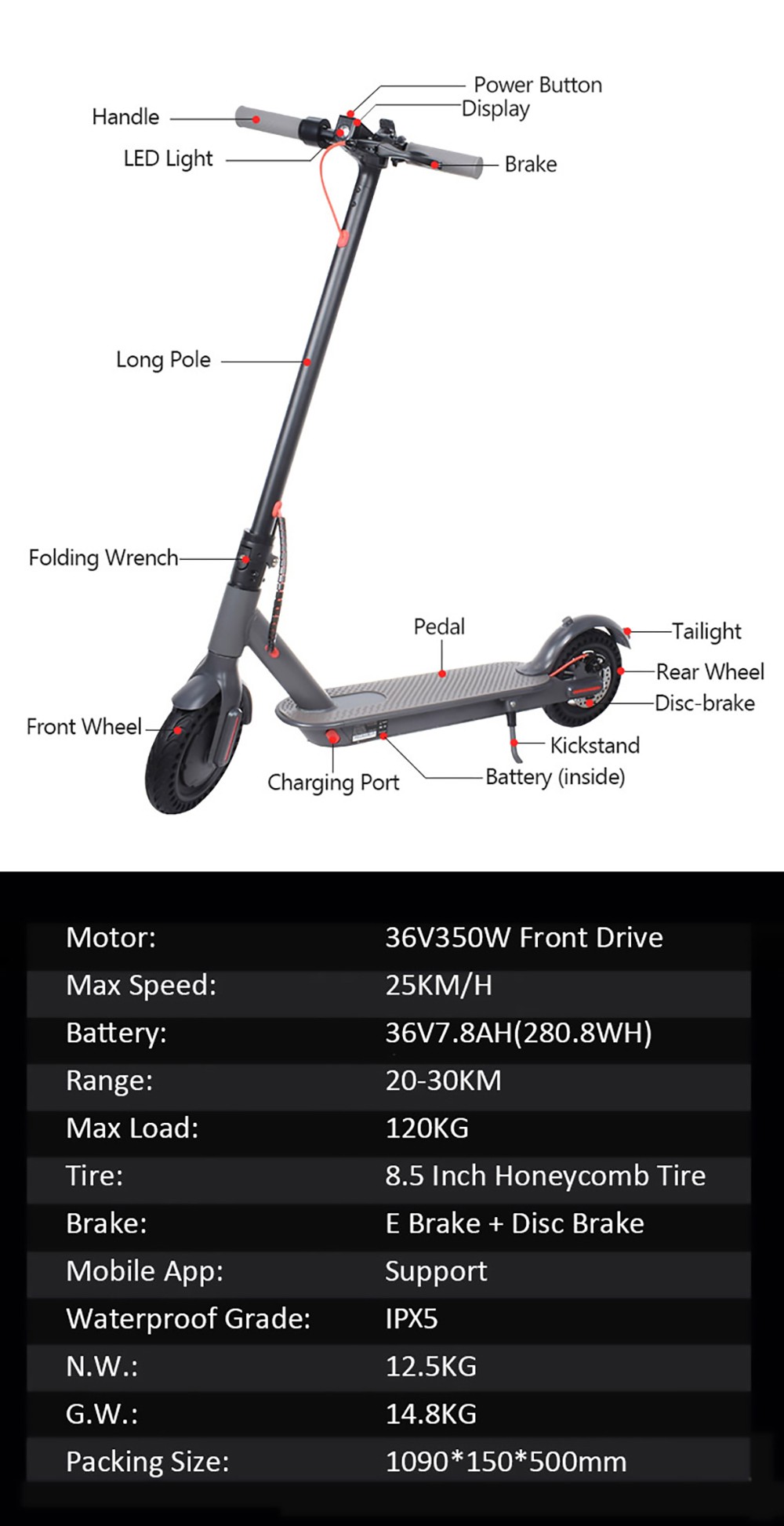 CMSBIKE D8 Pro Electric Scooter 8.5'' Honeycomb Tires 350W Motor 36V 7.8Ah Battery Max Speed 25km/h - Grey