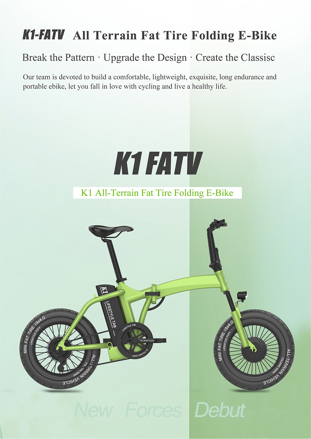 CMSBIKE K1 FATV All-terrain 19'' Fat Tire Electric Folding Bike Dual-drive 350W*2 Brushless Motors 48V 14Ah Battery-Black