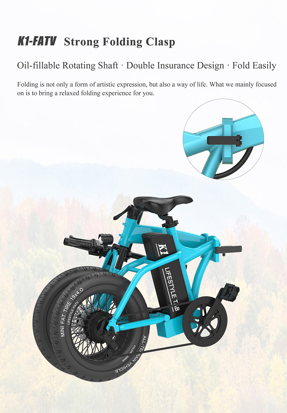 CMSBIKE K1 FATV All-terrain 19'' Fat Tire Electric Folding Bike Dual-drive 350W*2 Brushless Motors 48V 14Ah Battery-Black