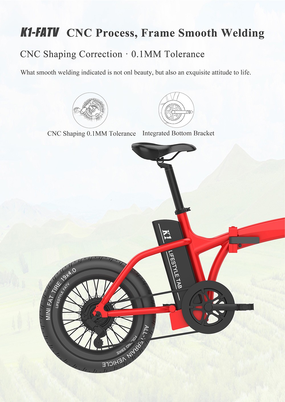 CMSBIKE K1 FATV All-terrain 19'' Fat Tire Electric Folding Bike Dual-drive 350W*2 Brushless Motors 48V 14Ah Battery-Green