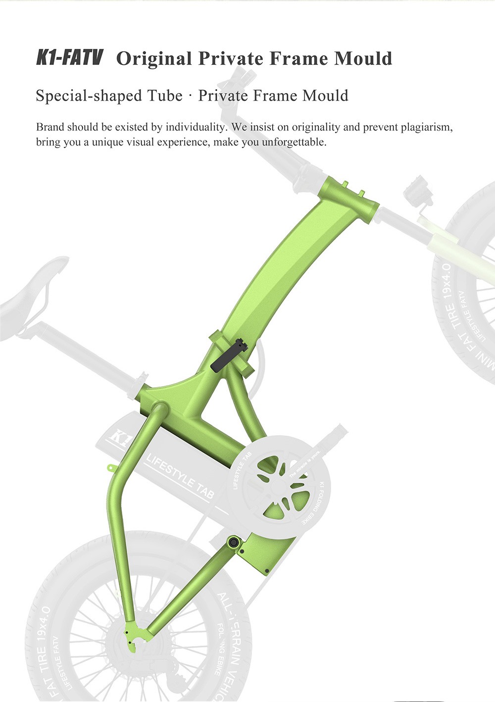 CMSBIKE K1 FATV All-terrain 19'' Fat Tire Electric Folding Bike Dual-drive 350W*2 Brushless Motors 48V 14Ah Battery-Green