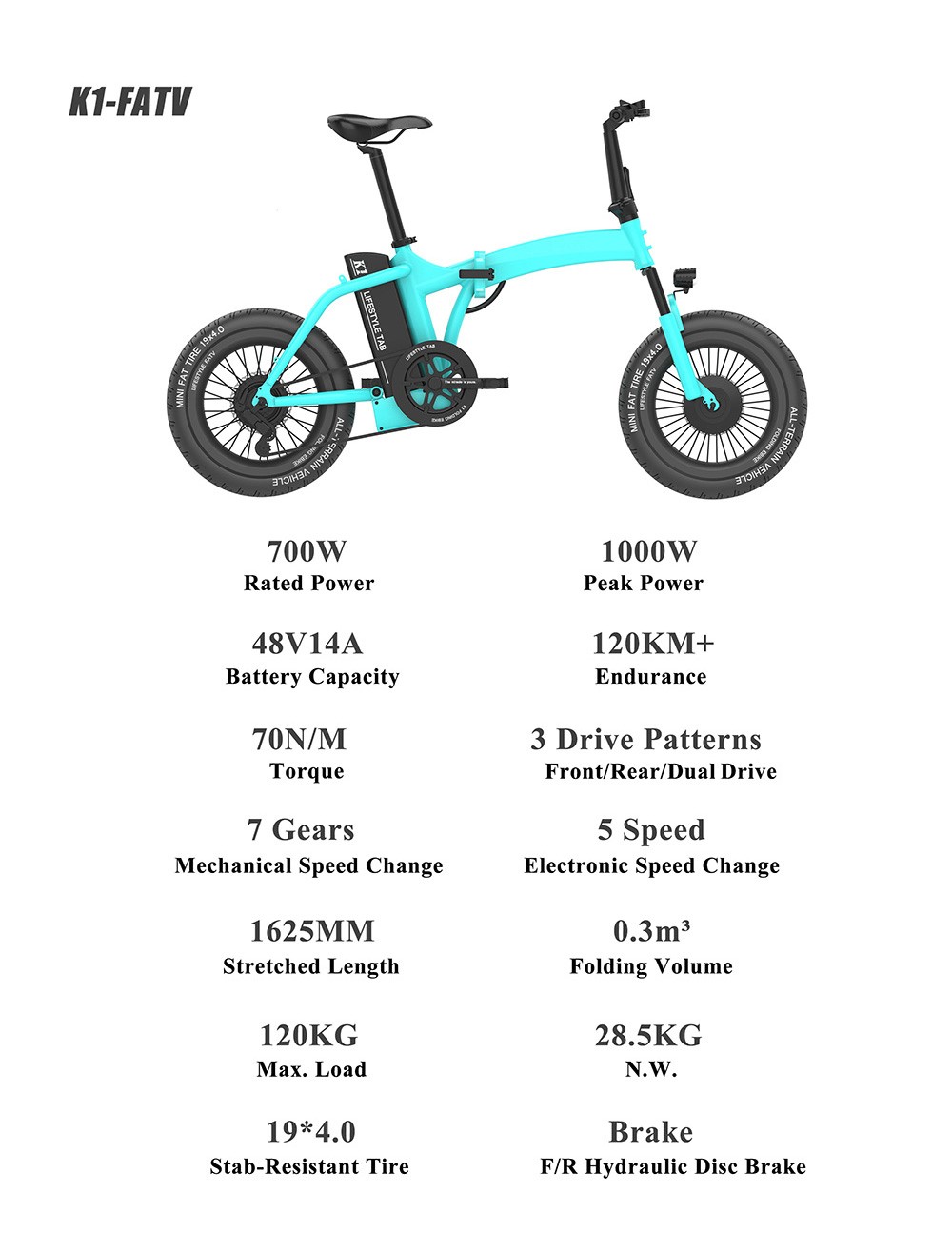 CMSBIKE K1 FATV All-terrain 19'' Fat Tire Electric Folding Bike Dual-drive 350W*2 Brushless Motors 48V 14Ah Battery-Green