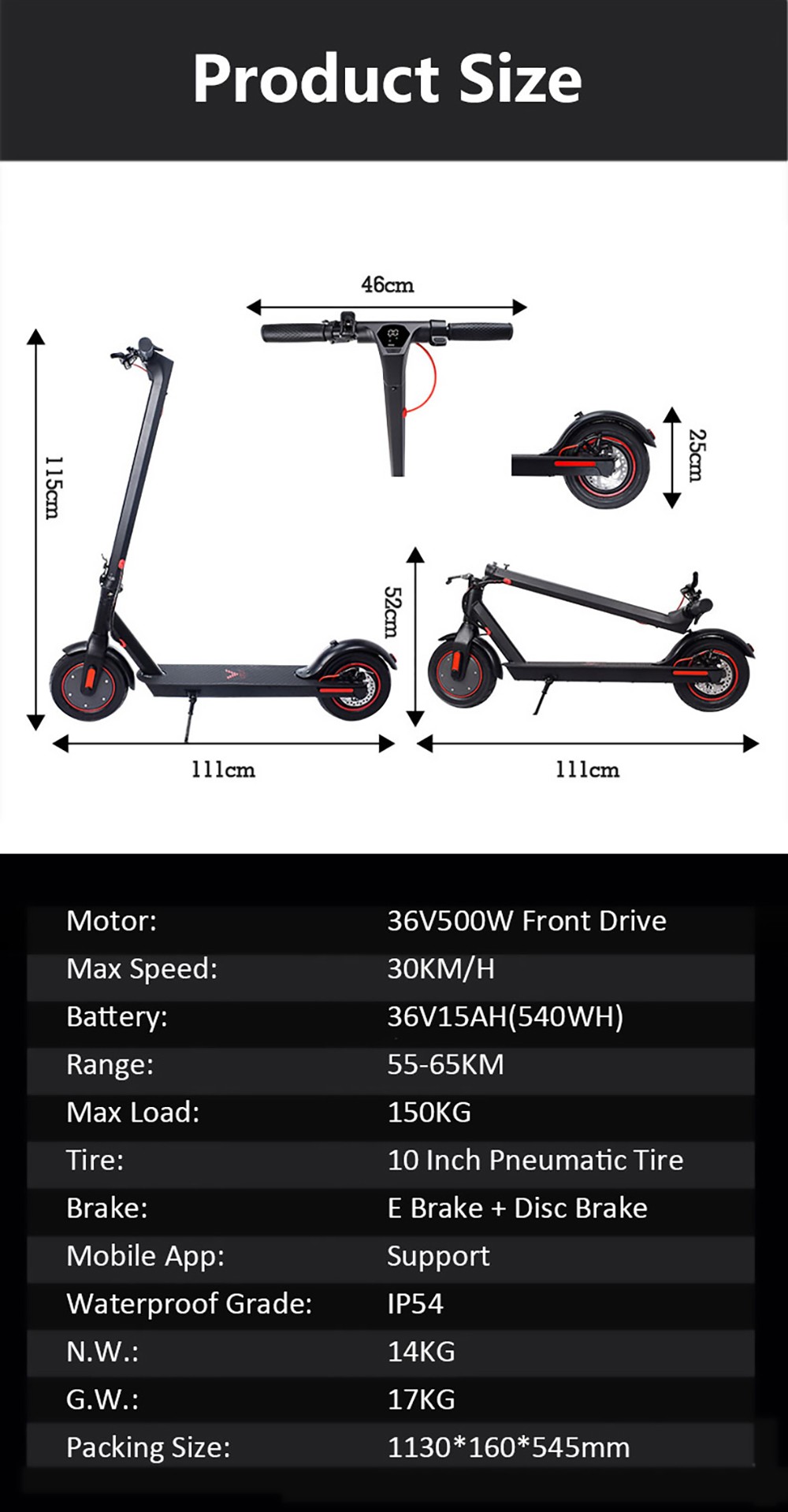 CMSBIKE V10 Electric Scooter 10'' Air Tires 500W Motor 36V 15Ah Battery Max Speed ​​30km/h Max Load 120kg - Black