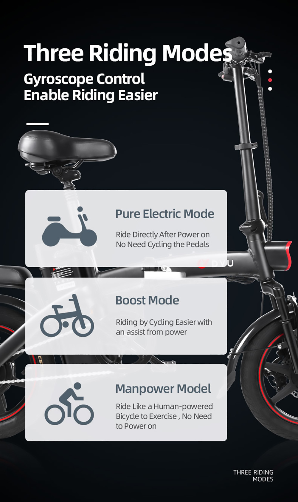 DYU A5 Electric Bicycle 350W Motor Max Speed 25km/h 36V 7.5Ah 70km Max Range Automatic Cruise - Black